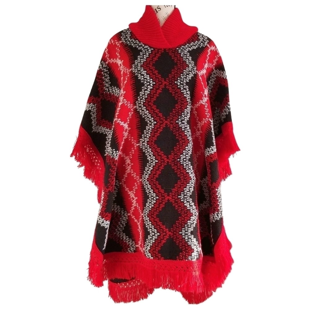 Vintage Western Black and Red Knit Fringe Poncho  One Size